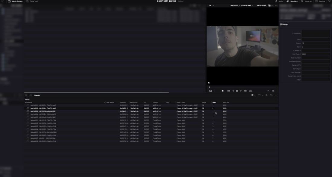 Offloaded footage in DaVinci Resolve with scene, take and roll metadata